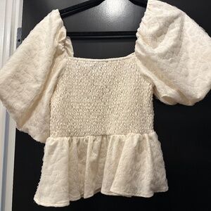 STRUT & BOLT balloon sleeve jacquard top In cream